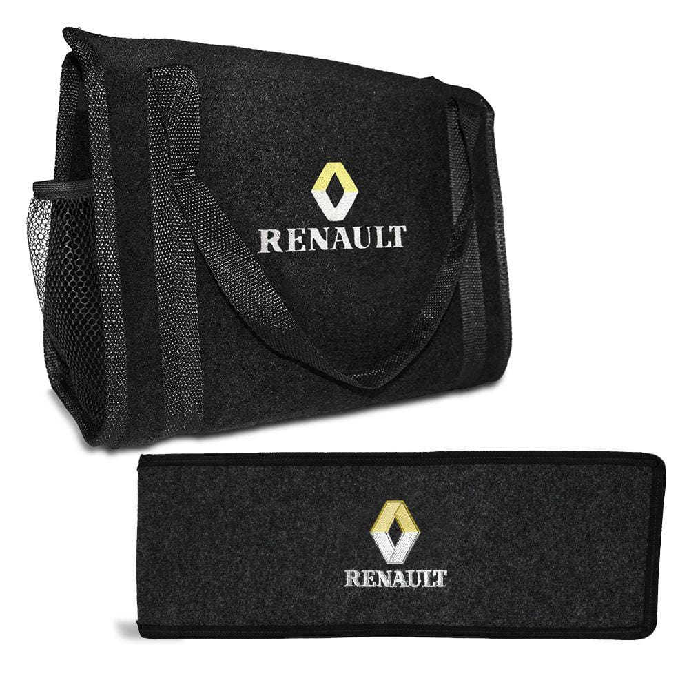 Bolsa Organizadora de Porta Malas e Capa Porta Triângulo de Sinalização Emblema Renault Bordado Kwid Sandero Logan