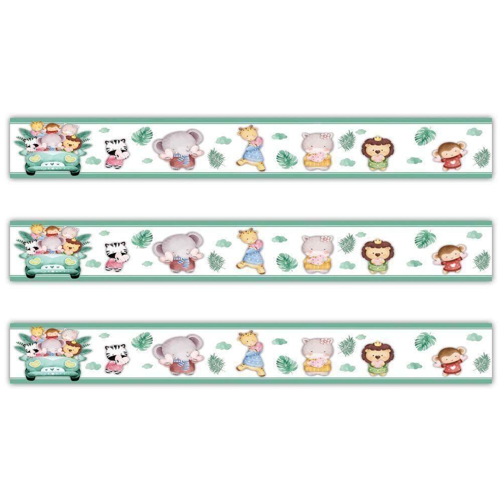 Kit 3 Faixas Decorativas Papel Parede Infantil Animais Carro Titulo Verde