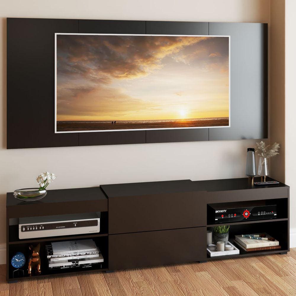 Rack Com Painel Para Tv Até 60 Polegadas Roma 1 Porta 2 Prateleiras Preto - Panorama Móveis