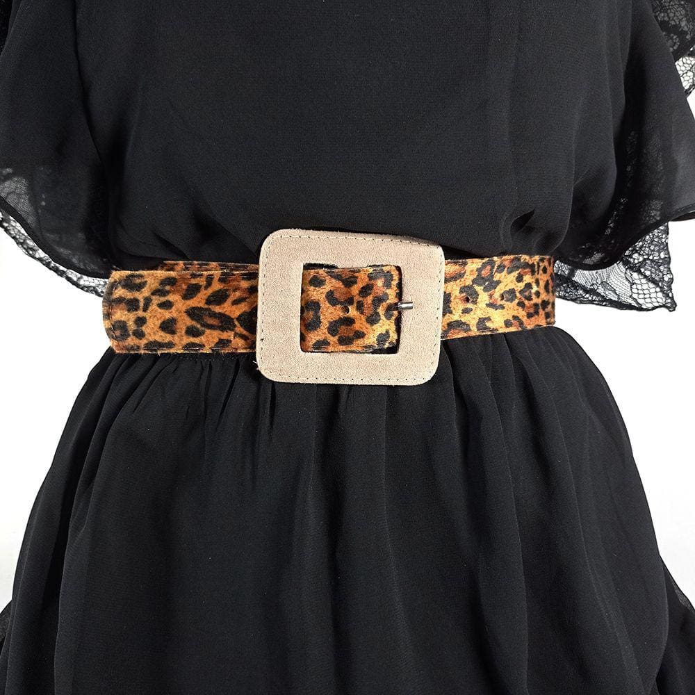 Cinto Feminino Animal Print Onça Com Fivela Bege Quadrada
