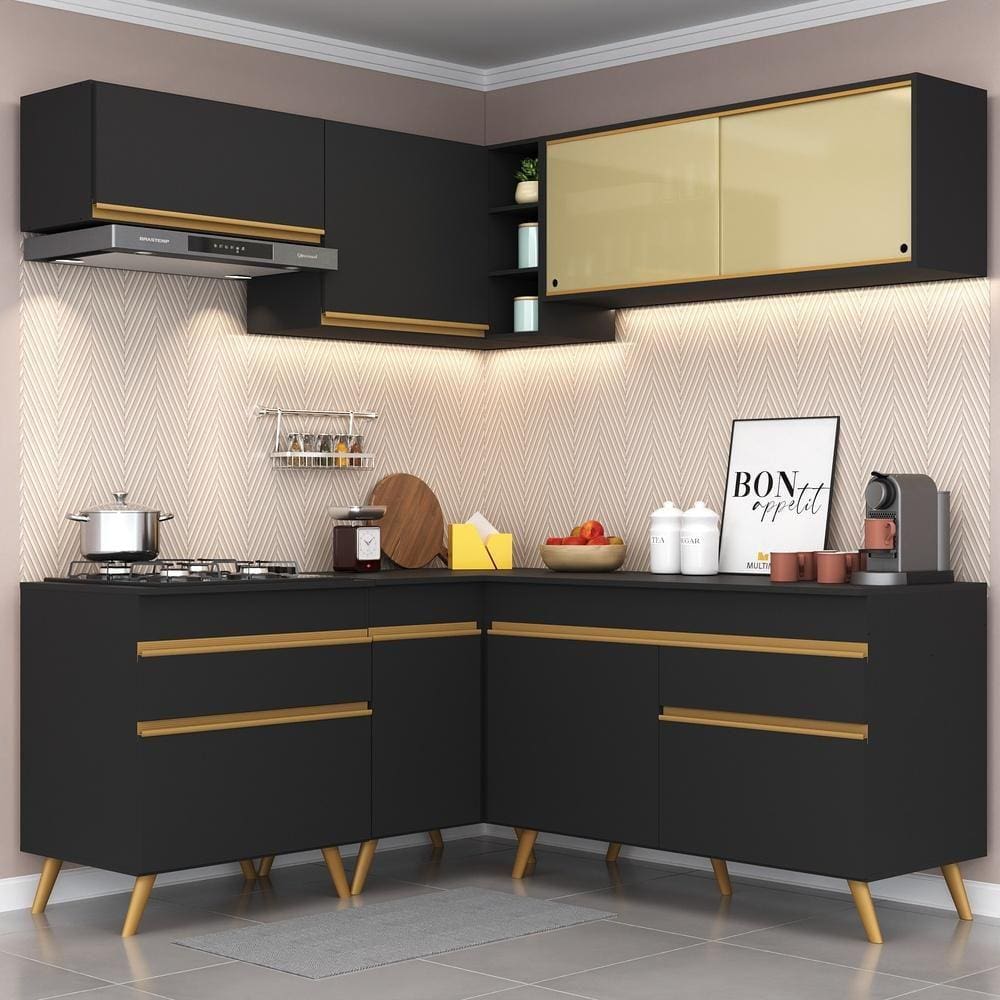Cozinha Completa de Canto Veneza GB Multimóveis MP2062 com Armário e Balcão Preta