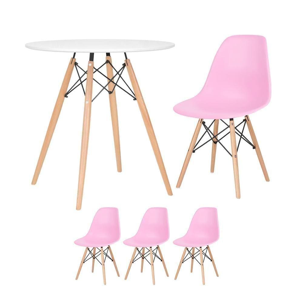 Mesa Redonda Eames 70 Cm Branco + 3 Cadeiras Eiffel Dsw Rosa Claro