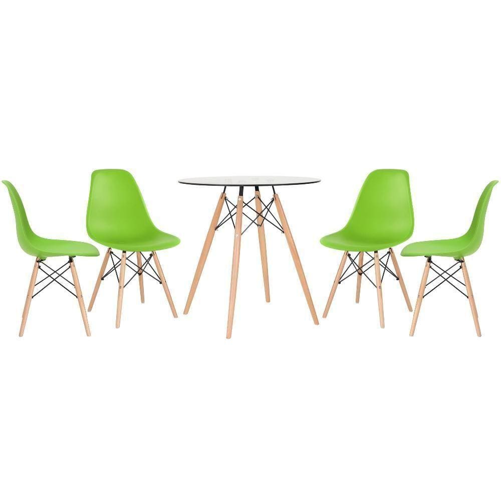 Mesa Redonda Eames Com Tampo De Vidro 70 Cm + 4 Cadeiras Eiffel Dsw Verde Claro