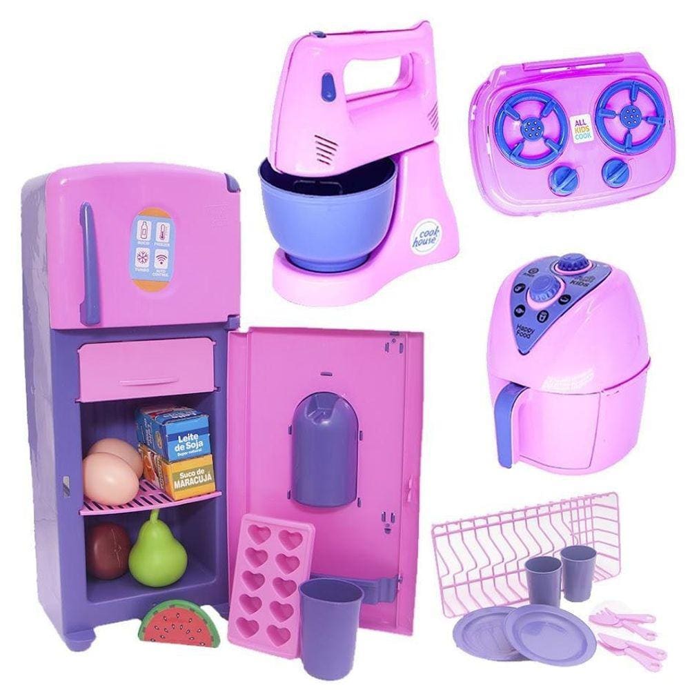 Brinquedo Menina Cozinha Geladeira Comida Eletro Fogão 23Pç