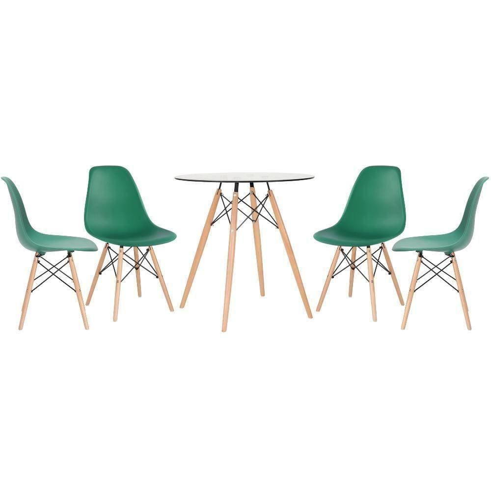 Mesa Redonda Eames Com Tampo De Vidro 70 Cm + 4 Cadeiras Eiffel Dsw Verde Escuro