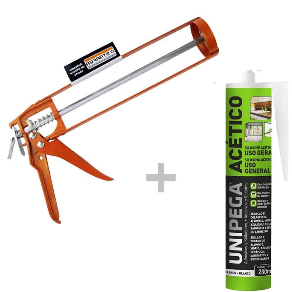 Kit Aplicador de silicone aberto + Silicone Acético Profissional Branco 280ml Unipega