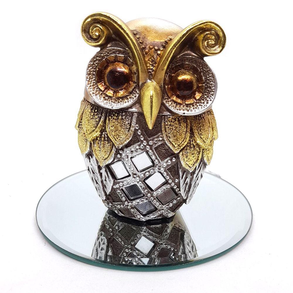 Kit Estátua Coruja da Sabedoria Bandeja Espelhada Decoração