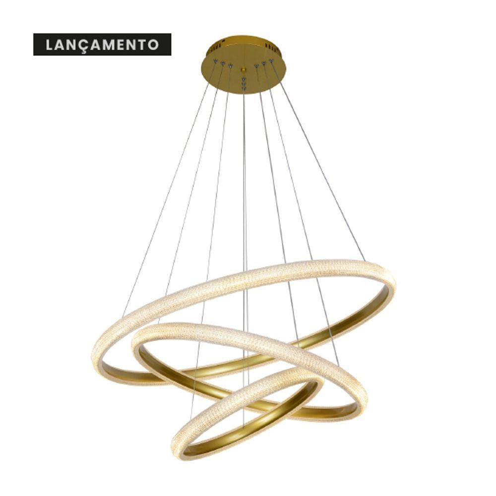 Luminaria Pendente 3 Argolas Led Ø80+Ø60+Ø40cm, Dourada