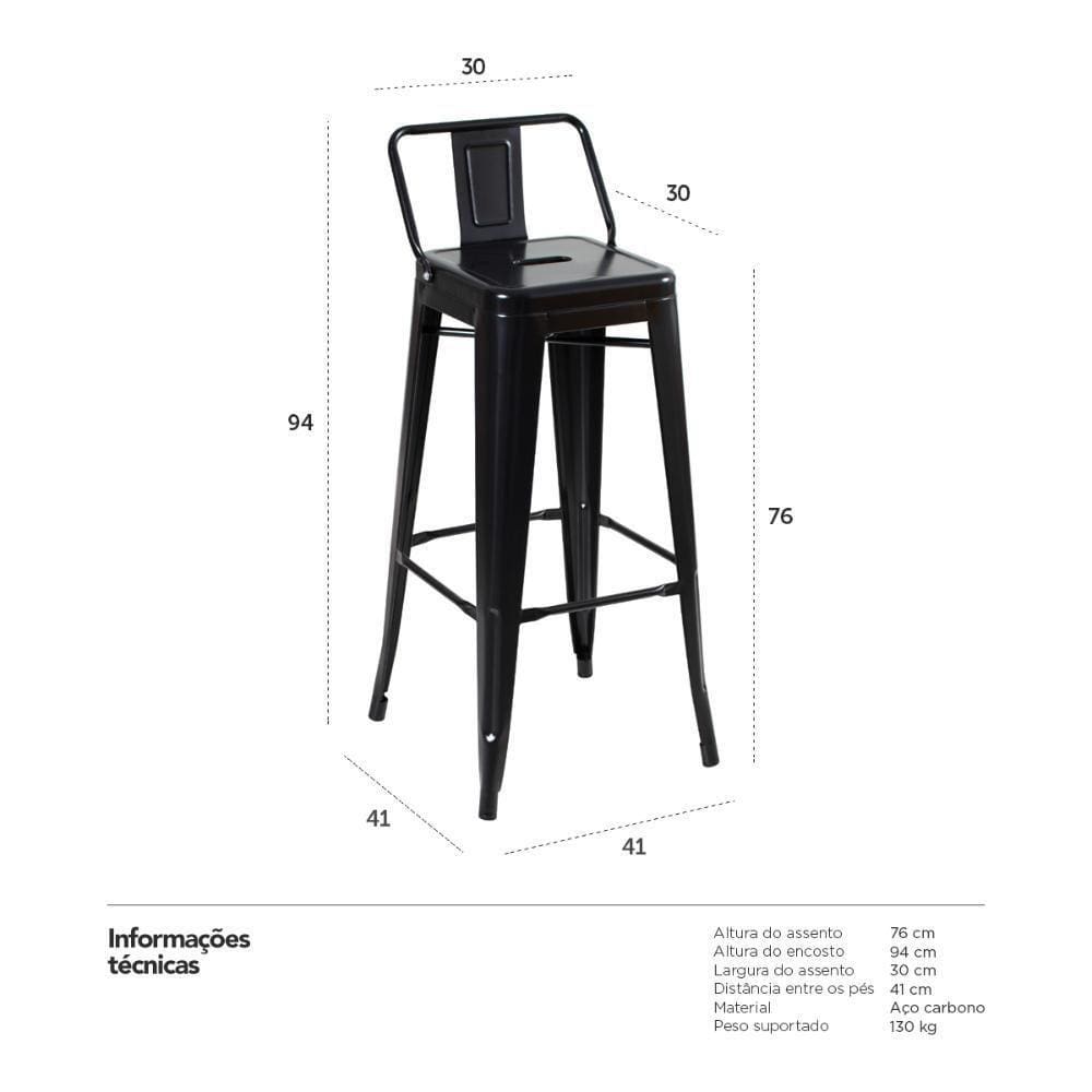 Banqueta Alta Com Encosto 76 Cm Preto Semibrilho Preto Semibrilho