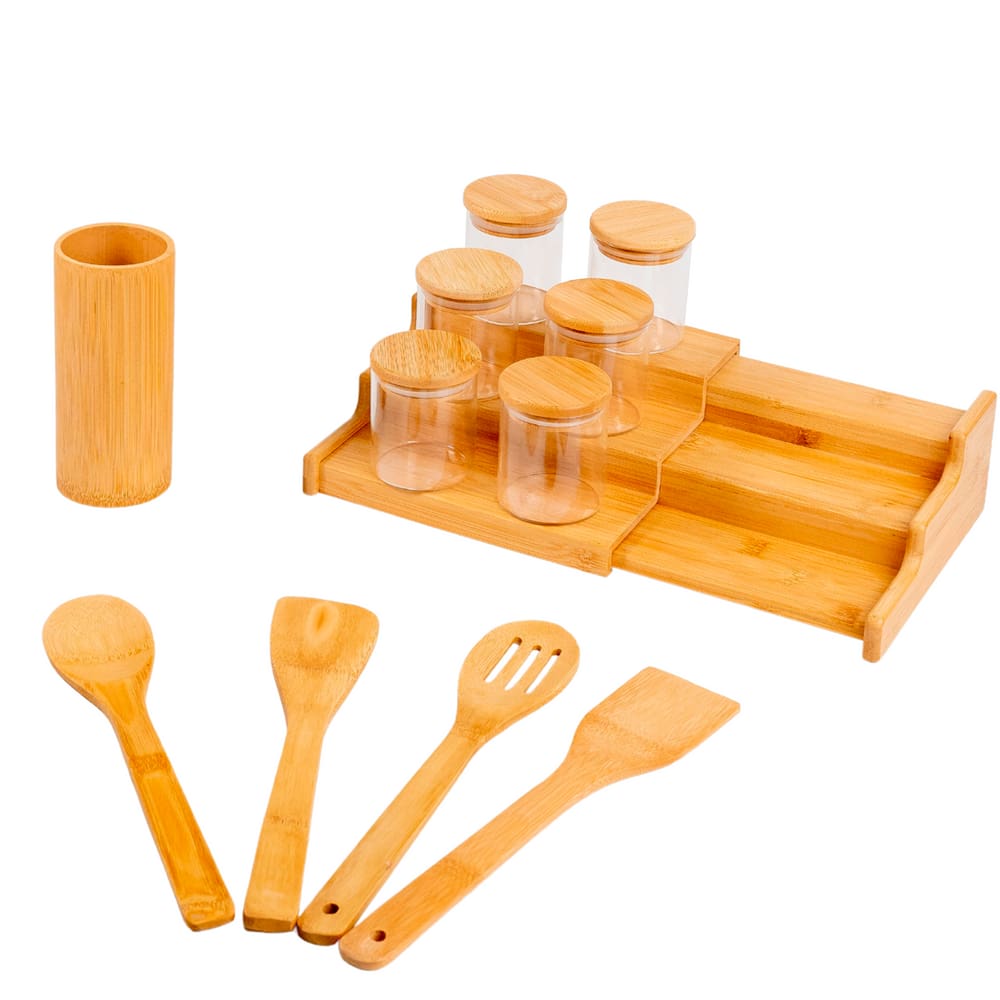 kit 6 potes 200ml,rack organizador, 4 utensílios bambu Oikos