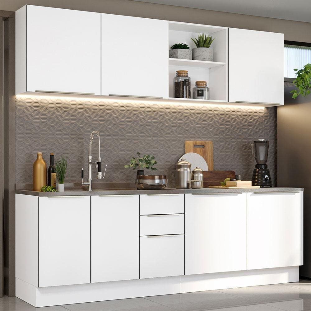 Armário De Cozinha Completa 240cm Branco Veludo Branco