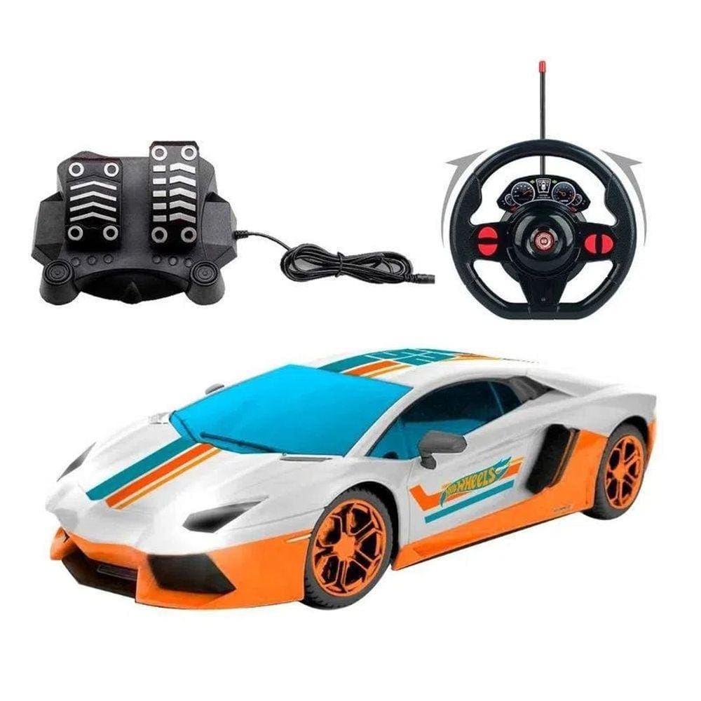 Carrinho Controle Remoto Volante E Pedais ( Acelera e Ré ) Turbo Tiger Hot Wheels C/ luzes Led  Bateria Recarregavel - Candide