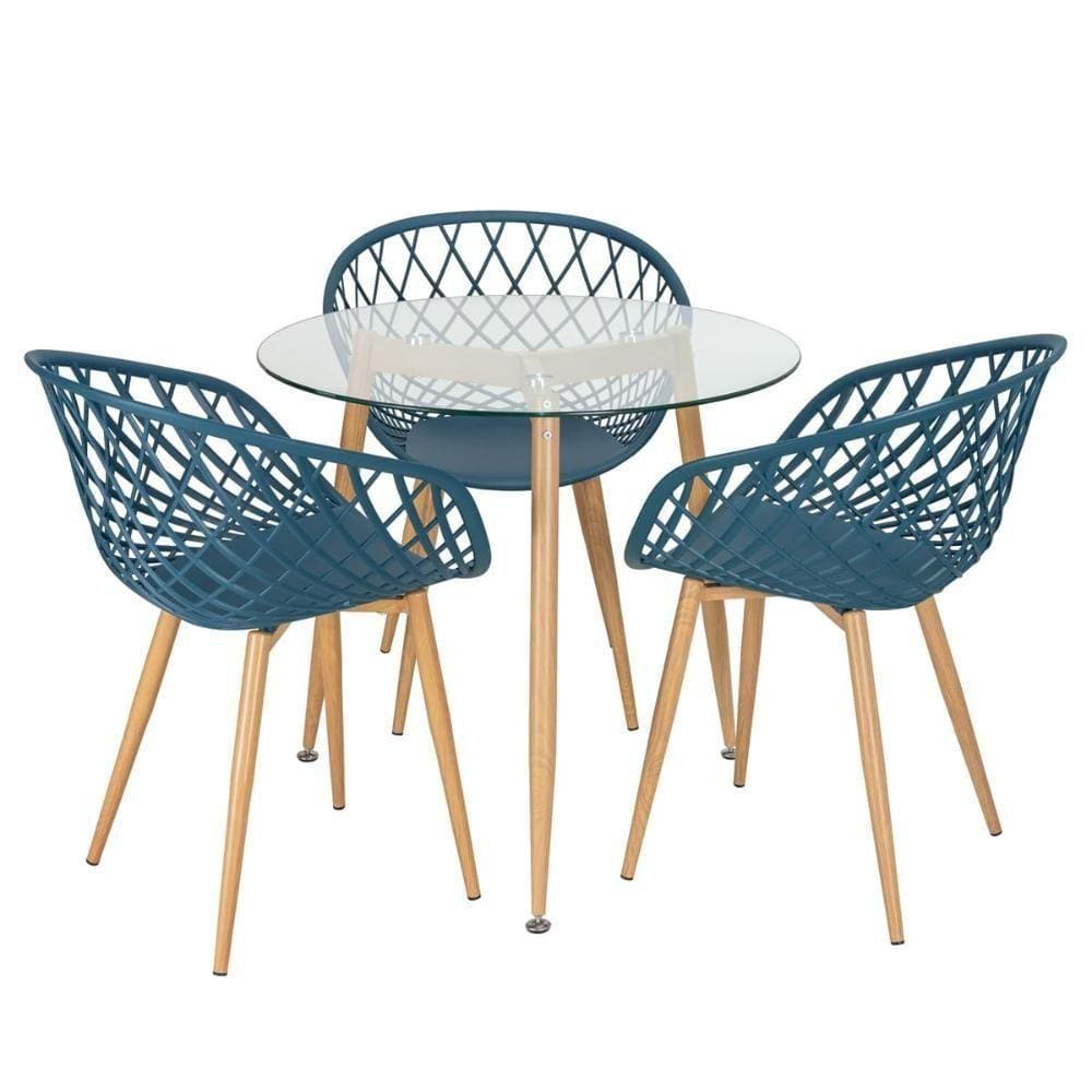 Mesa Redonda Tampo De Vidro 80 Cm + 3Cadeiras Azul Petróleo