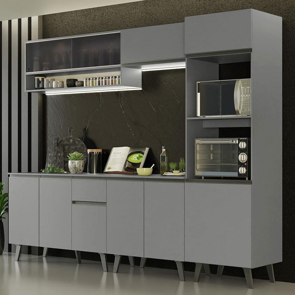 Armário De Cozinha Completa 260cm Cinza Nice 07 Cinza