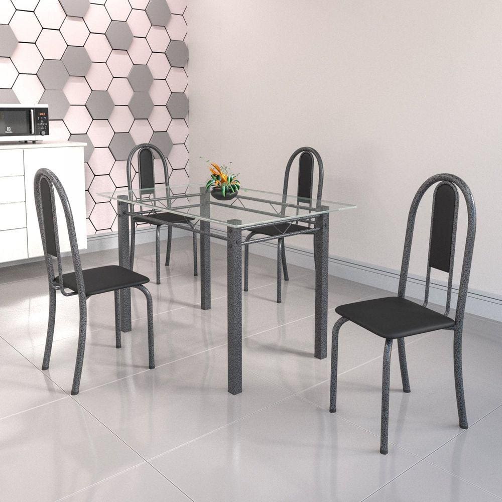 Conjunto de Mesa Tubular 4 Cadeiras 120cm com Tampo de Vidro Iris Soma Móveis Preto/Prata