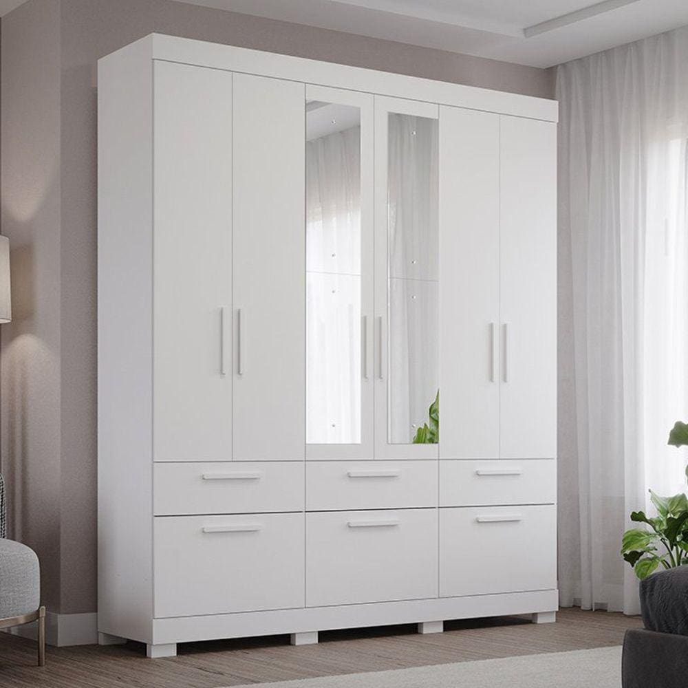 Guarda Roupa Casal com Espelho 6 Portas de Bater 1 Basculante 5 Gavetas MDF Coimbra Espresso Móveis Branco