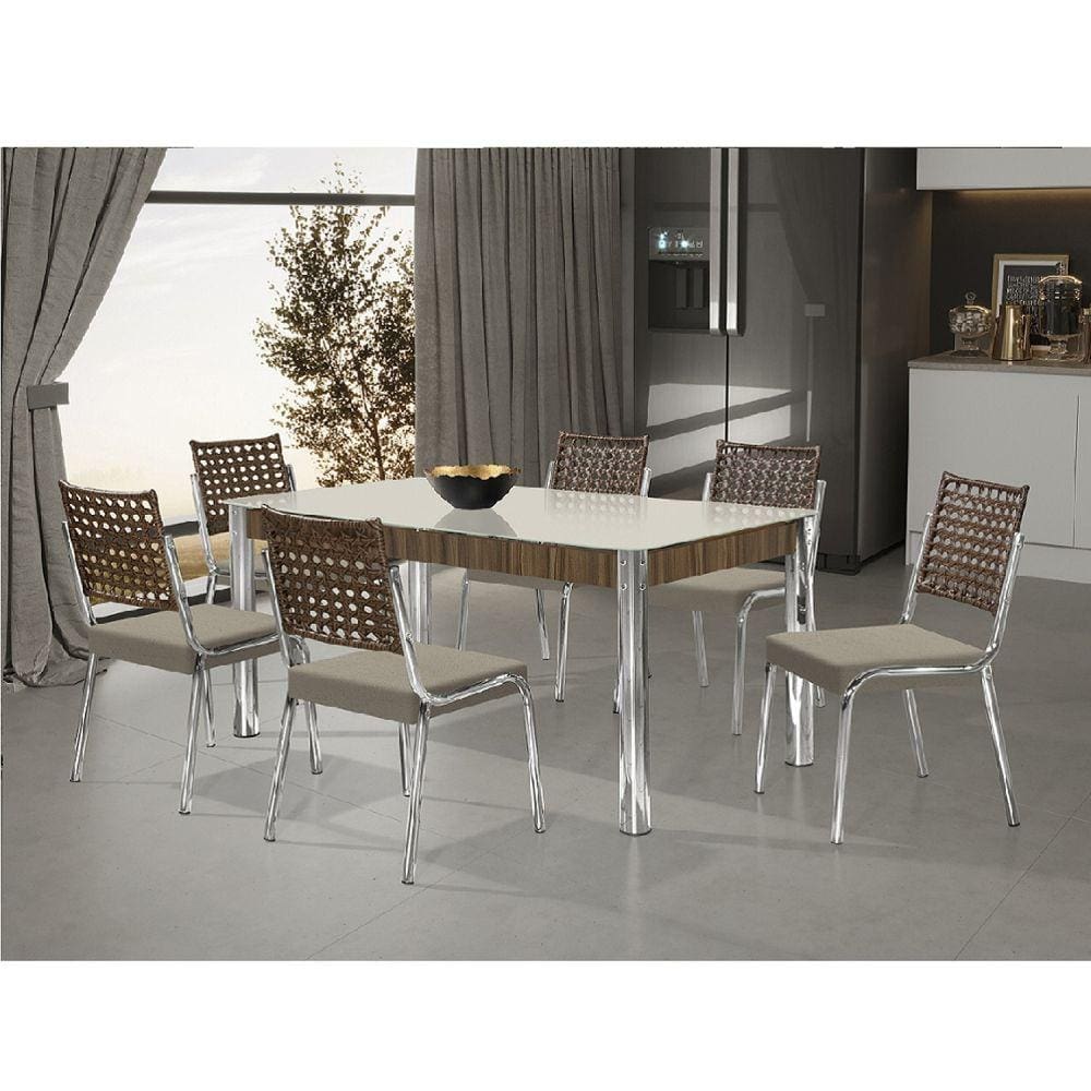 Conjunto Sala de Jantar Mesa Natani 160x90cm com 6 Cadeiras Natani Junco Aço Nobre Móveis Cromado/Bege