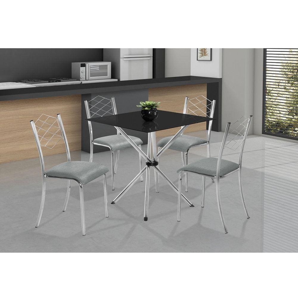 Conjunto para Cozinha Mesa Lana 80x80cm com 4 Cadeiras Ortenia Aço Nobre Móveis Cromado/Cinza/Preto