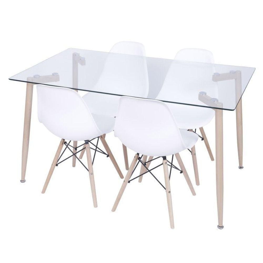 Conjunto Mesa Tampo em Vidro com 4 Cadeiras Eames DKR OR Design Branca