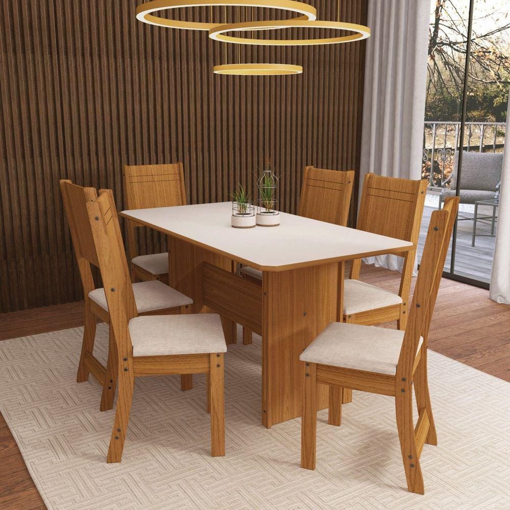 Conjunto de Cozinha Mesa 6 Cadeiras Atenas Indekes Freijo Assento Linho