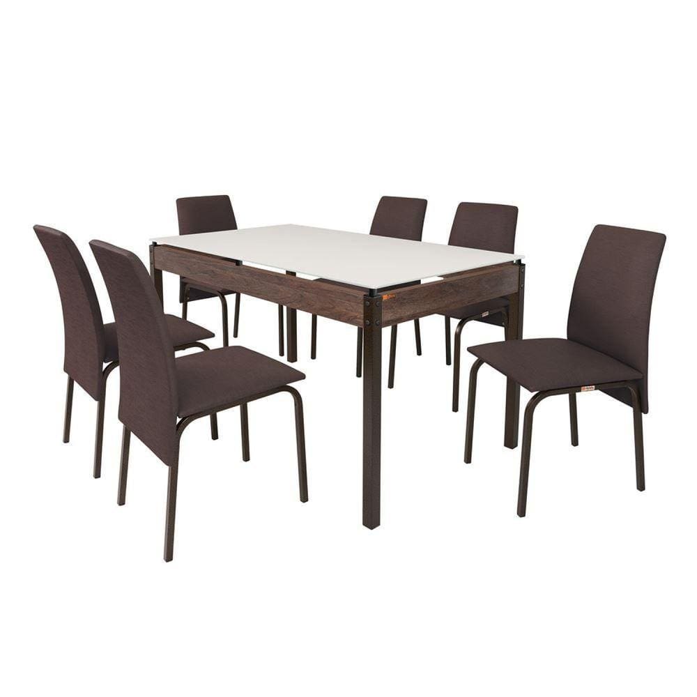 Conjunto Mesa 140cm Tampo em Vidro com 6 Cadeiras Barcelona Ciplafe Bronze/Linho Marrom