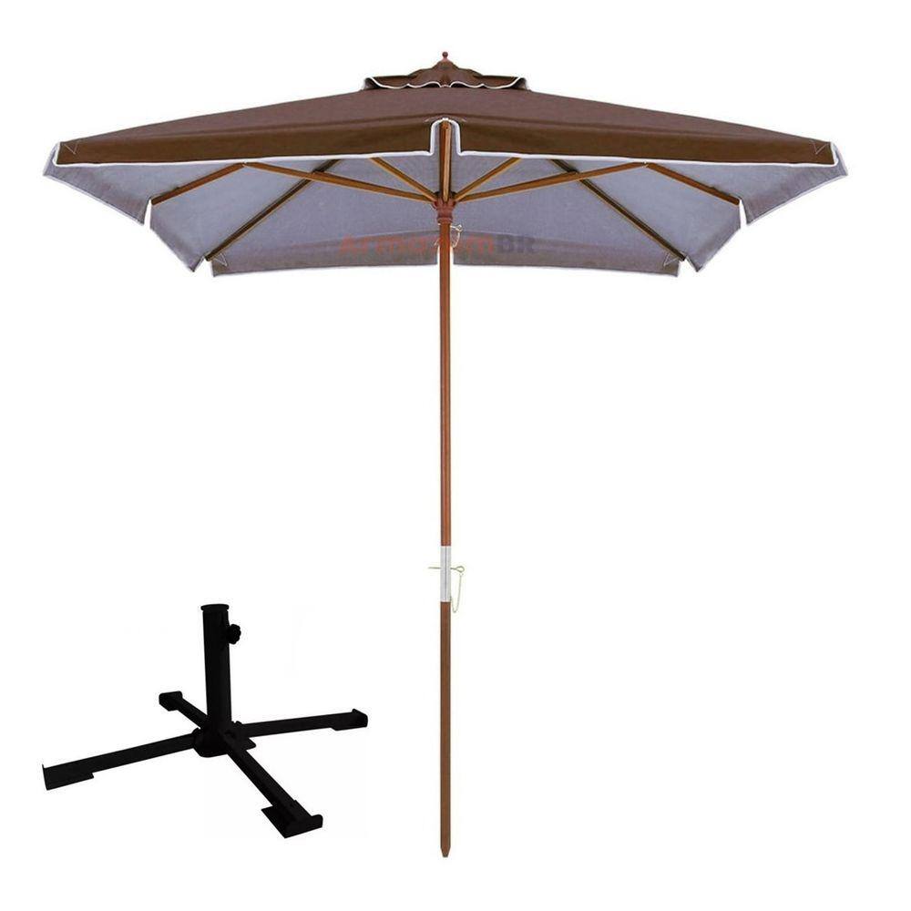 Kit Ombrelone Madeira Quadrado 2x2m Sardenha Guarda Sol Sombreiro Bagum Marrom Base Dobrável - Belfix