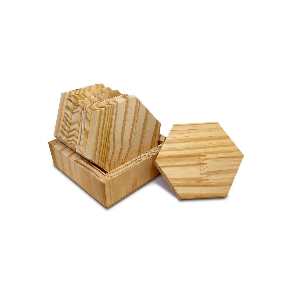 Kit Porta Copos Hexágono Com Caixote Decoração Madeira Pinus