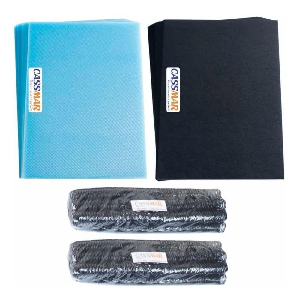 Kit 200 Capas Cristal + Preto Couro E 200 Espirais Preto 09mm