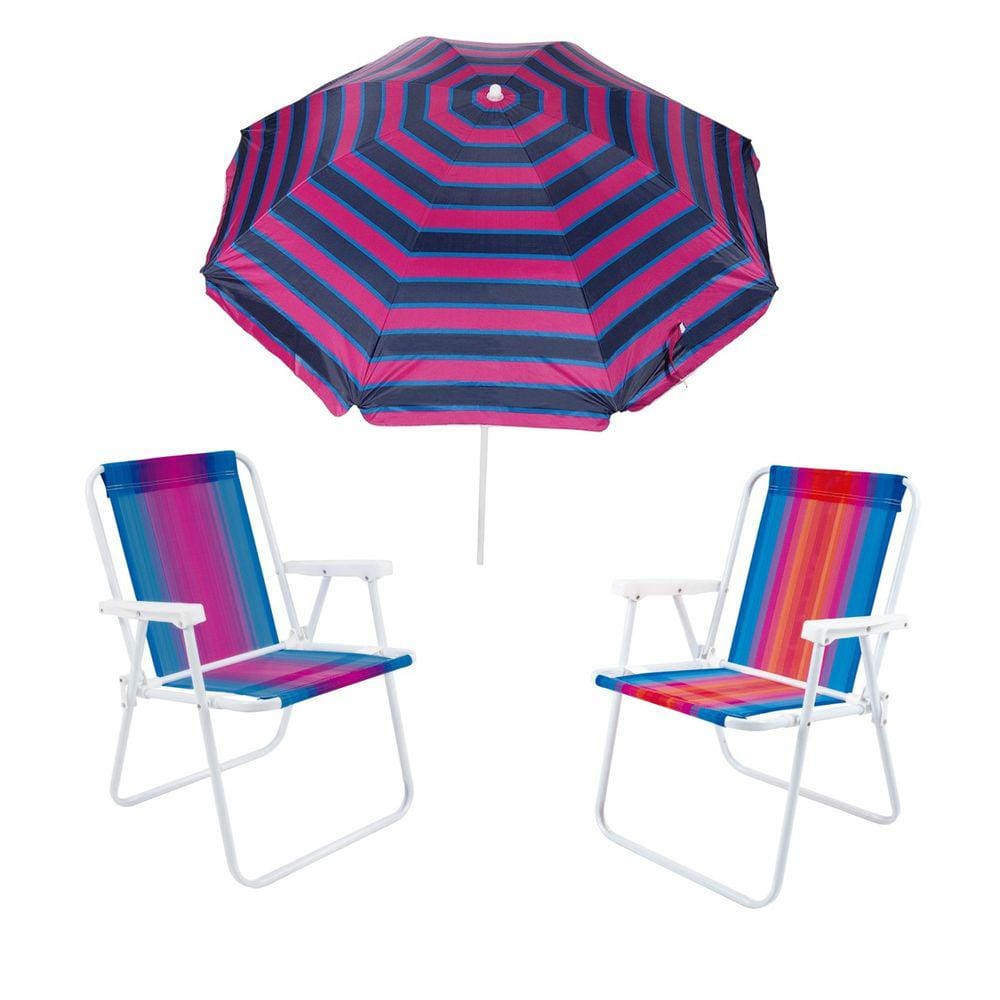 Kit Guarda Sol 1,8m Ipanema Cadeira Alta Dobrável Listrada Aço Camping Praia Piscina Jardim