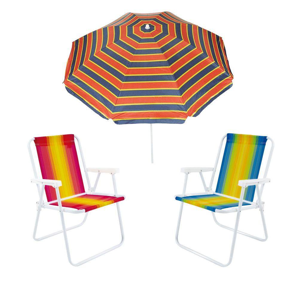 Kit Guarda Sol 1,8m Ipanema Cadeira Alta Dobrável Listrada Aço Camping Praia Piscina Jardim
