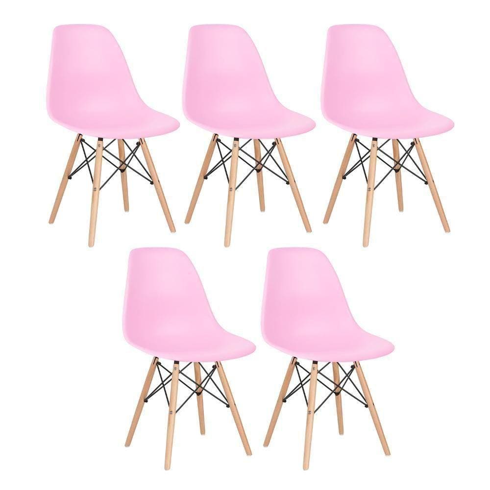 Kit 5 Cadeiras Charles Eames Eiffel Dsw Com Pés De Madeira Clara Rosa Claro