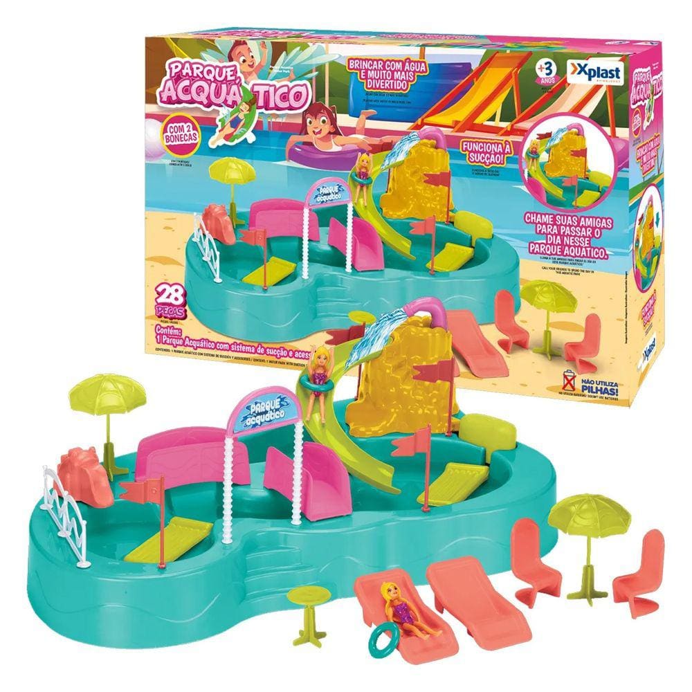 Brinquedo Parque Aquático Piscina Tobogã Sai Água Bonecas e Acessórios Homeplay Xplast Ref.8002