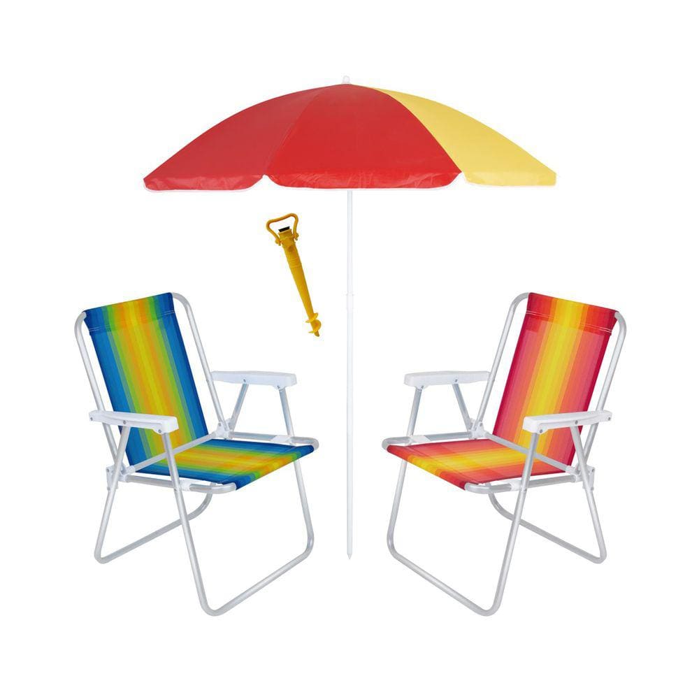 Kit 2 Cadeira Alta Alumínio + Guarda Sol 1,80 m Aço + Saca Areia - Mor
