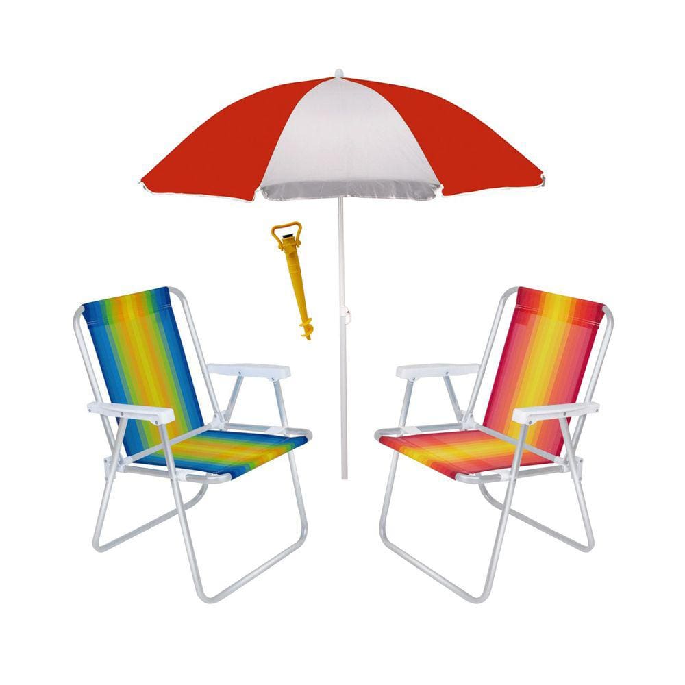 Kit 2 Cadeira Alta Alumínio + Guarda Sol 1,80 m Aço + Saca Areia - Mor