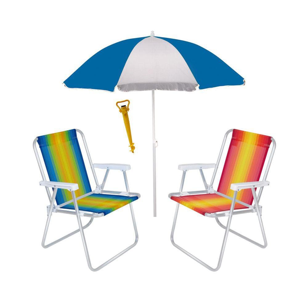 Kit 2 Cadeira Alta Alumínio + Guarda Sol 1,80 m Aço + Saca Areia - Mor