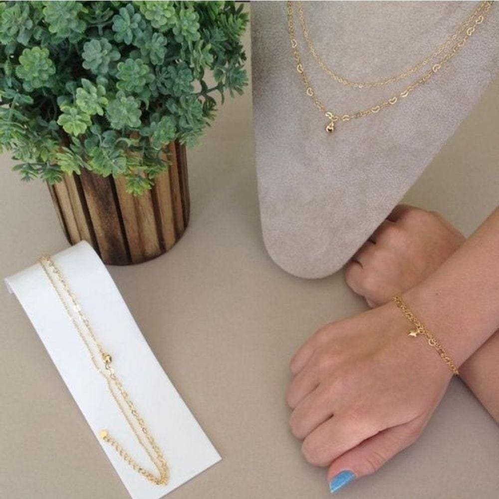 Conj Pulseira, Tornozeleira E Corrente Dupla Corações