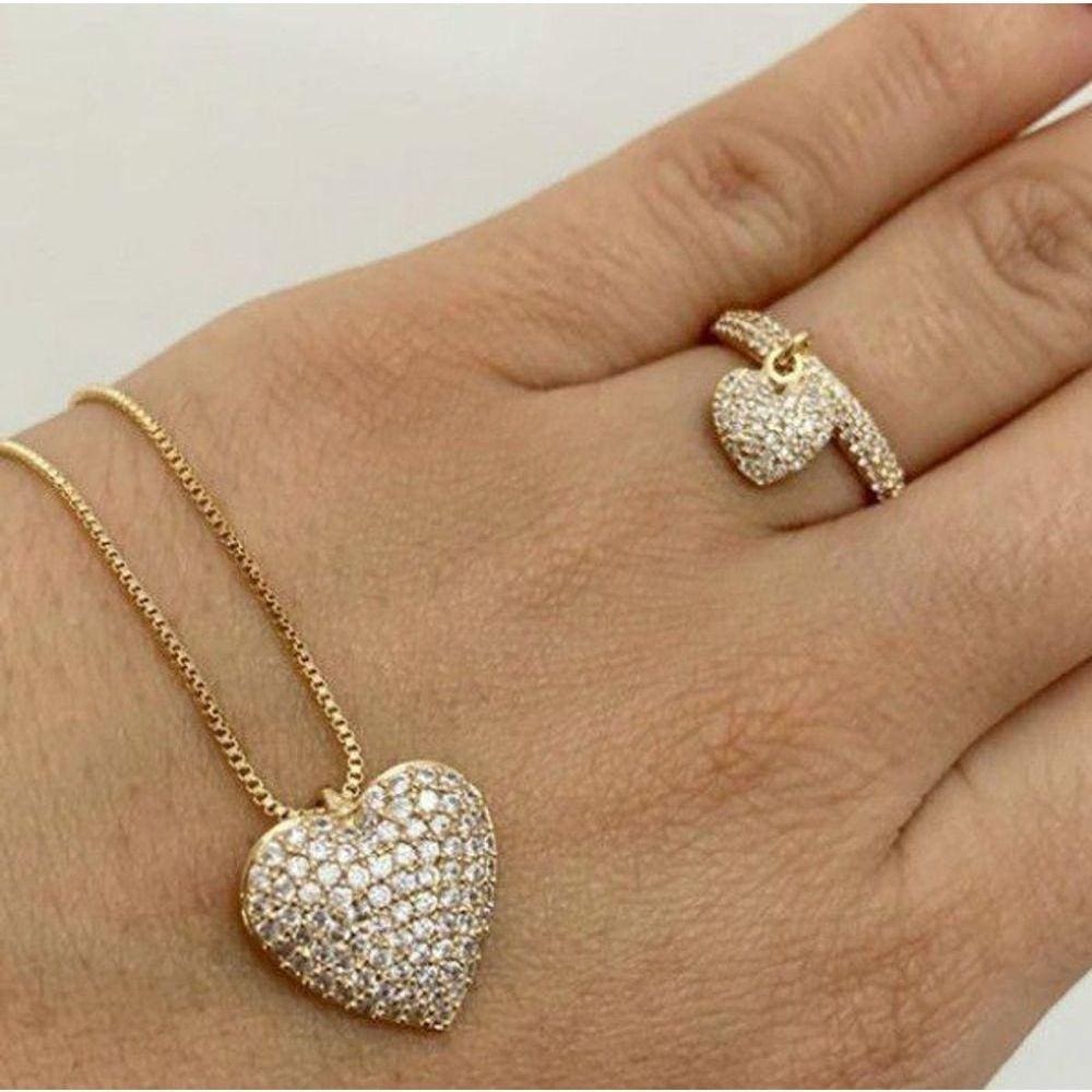 Conjunto Gargantilha + Anel Coração Pendurado Cravejado Banho De Ouro