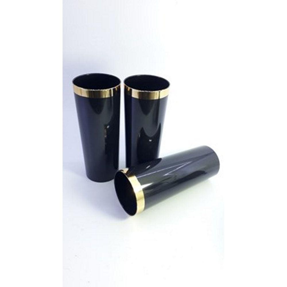 Kit 100 Copos Long Drink Plastico Rigido 350 Ml. Preto C/ Borda Dourada