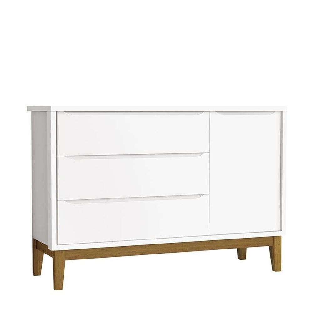 Cômoda Infantil com Porta e 3 Gavetas Classic Branco Fosco com Pés Amadeirado - Reller Móveis