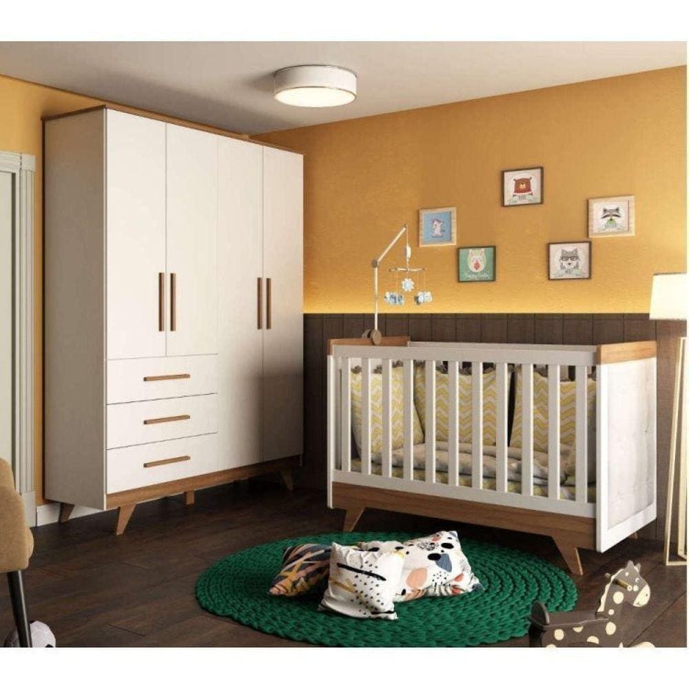 Conjunto para Quarto de Bebê com Guarda Roupa 4 Portas e Berço com Capitone Retrô Móveis Peroba Branco Brilho/Carvalho/Corino Branco