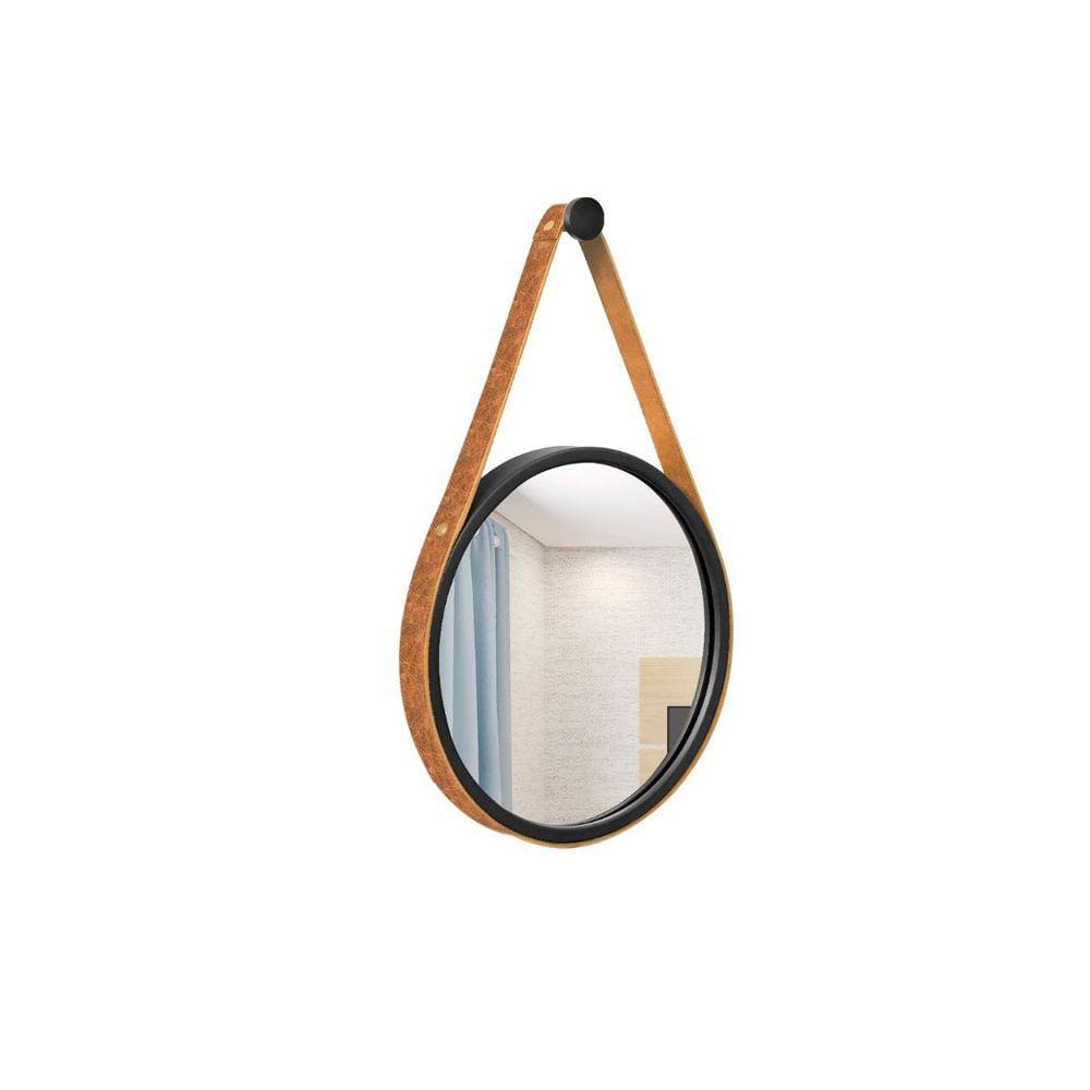 Espelho Decorativo Adnet Preto Alça Corino Rajado 20cm Redondo