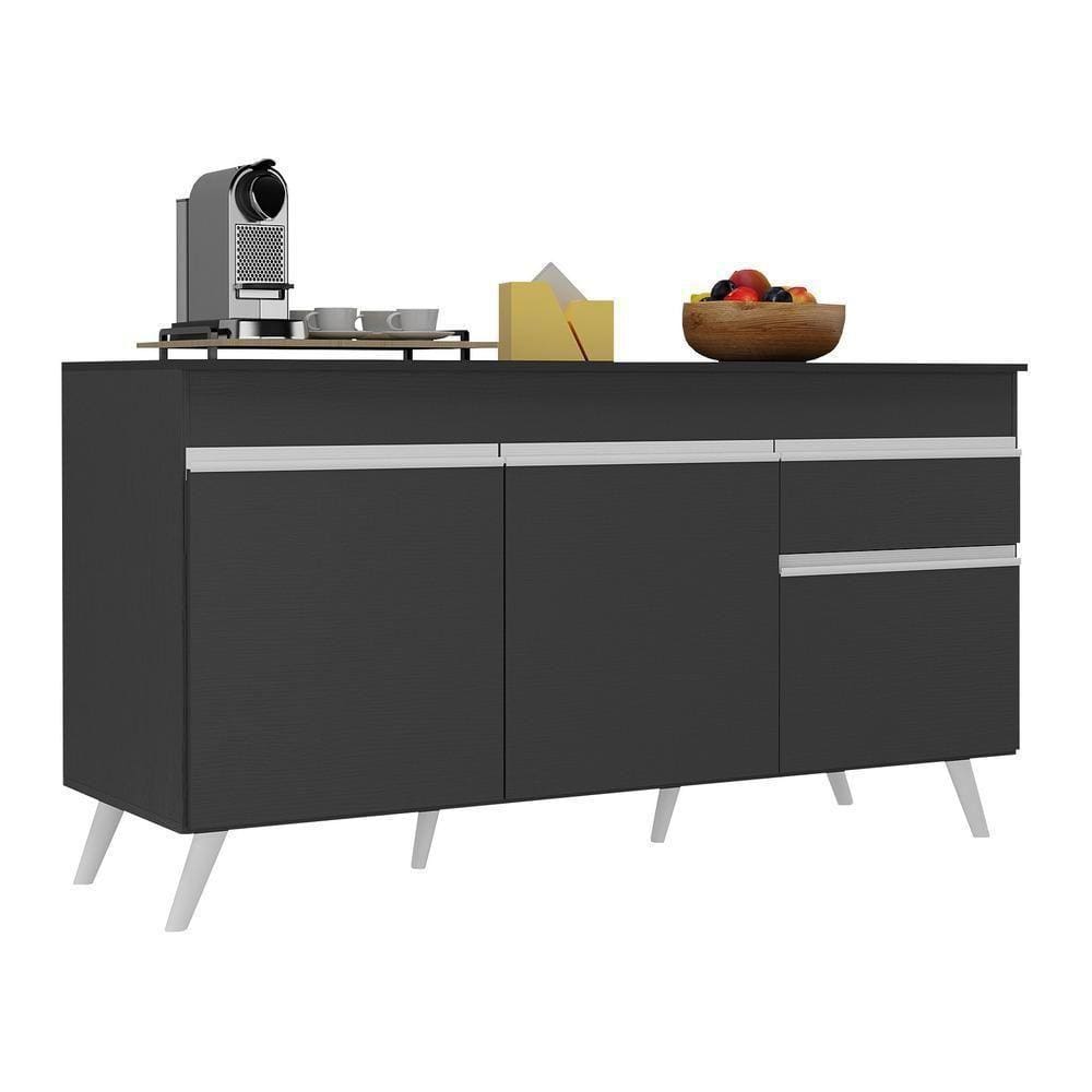 Balcão Cozinha Gabinete Pia 150Cm 3 Portas Preto/branco