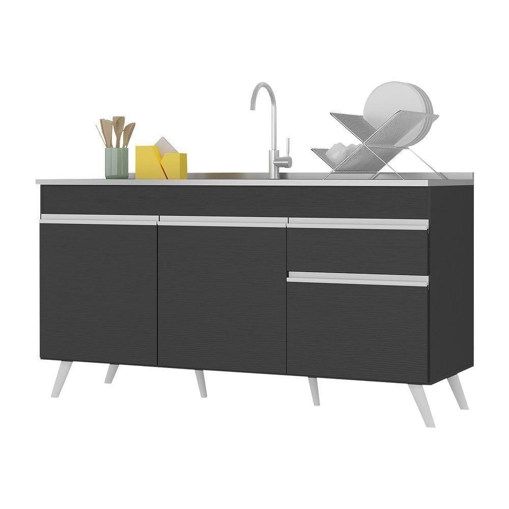 Balcão Cozinha Gabinete Pia 150Cm 3 Portas Preto/branco