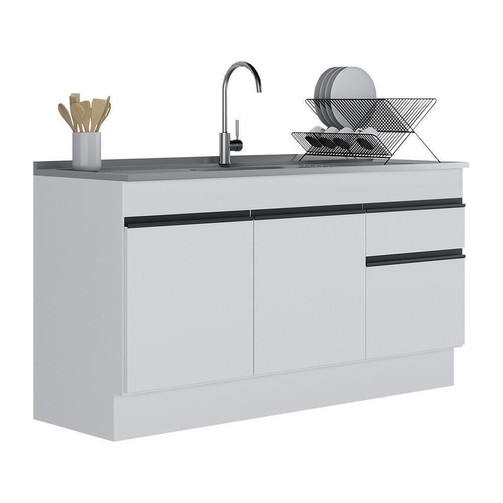 Balcão Cozinha Gabinete Pia 150cm 3 Ptas Branco/preto