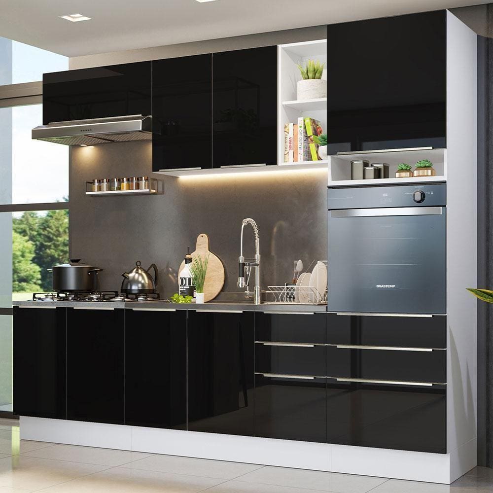 Armário De Cozinha Completa 260cm Branco/preto Lux Madesa
