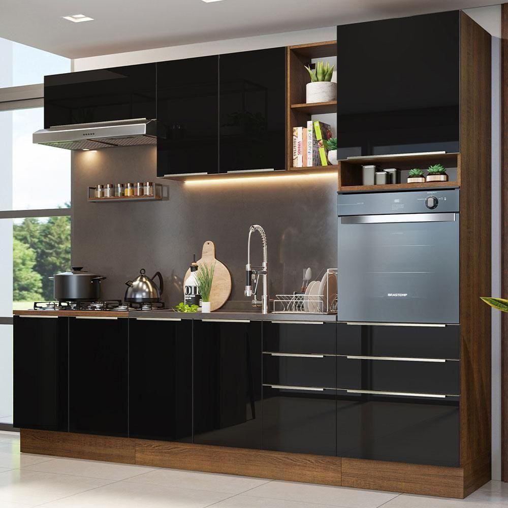 Armário De Cozinha Completa 260cm Rustic/preto Lux Madesa