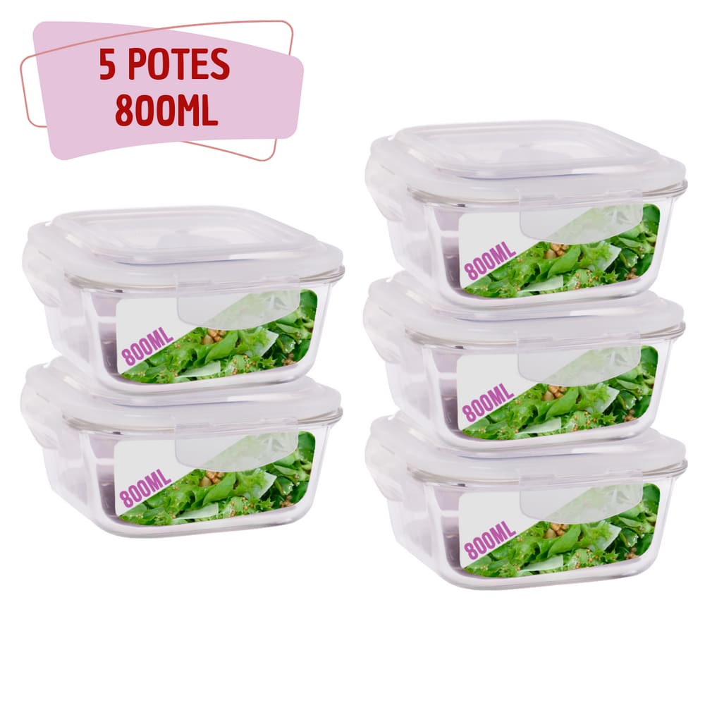 5 Potes Hermetico 800ml Quadrado Vidro Microondas Grande