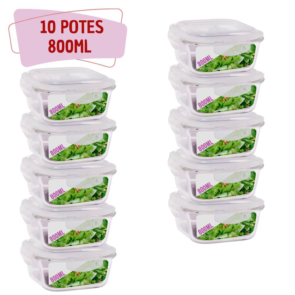 10 Potes Hermetico 800ml Quadrado Vidro Microondas Grande