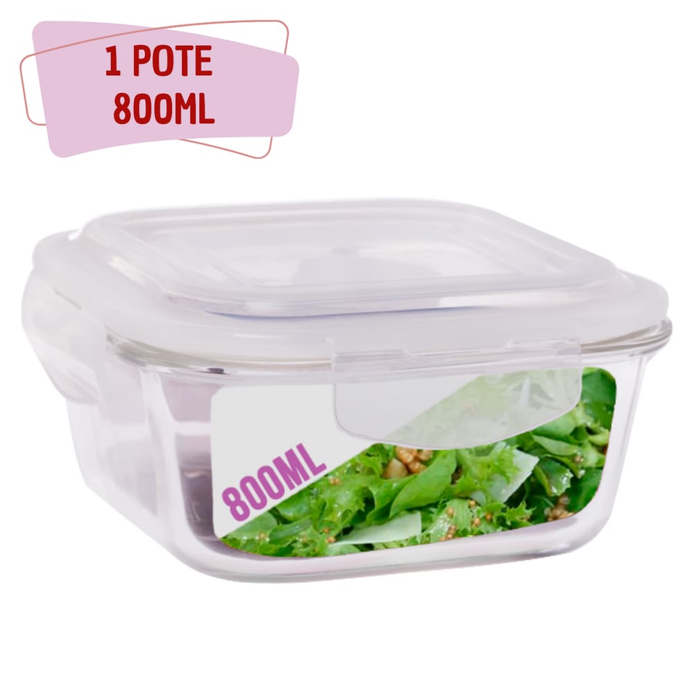Pote Vidro 800ml Quadrado Marmita Tampa Hermético Não Vaza
