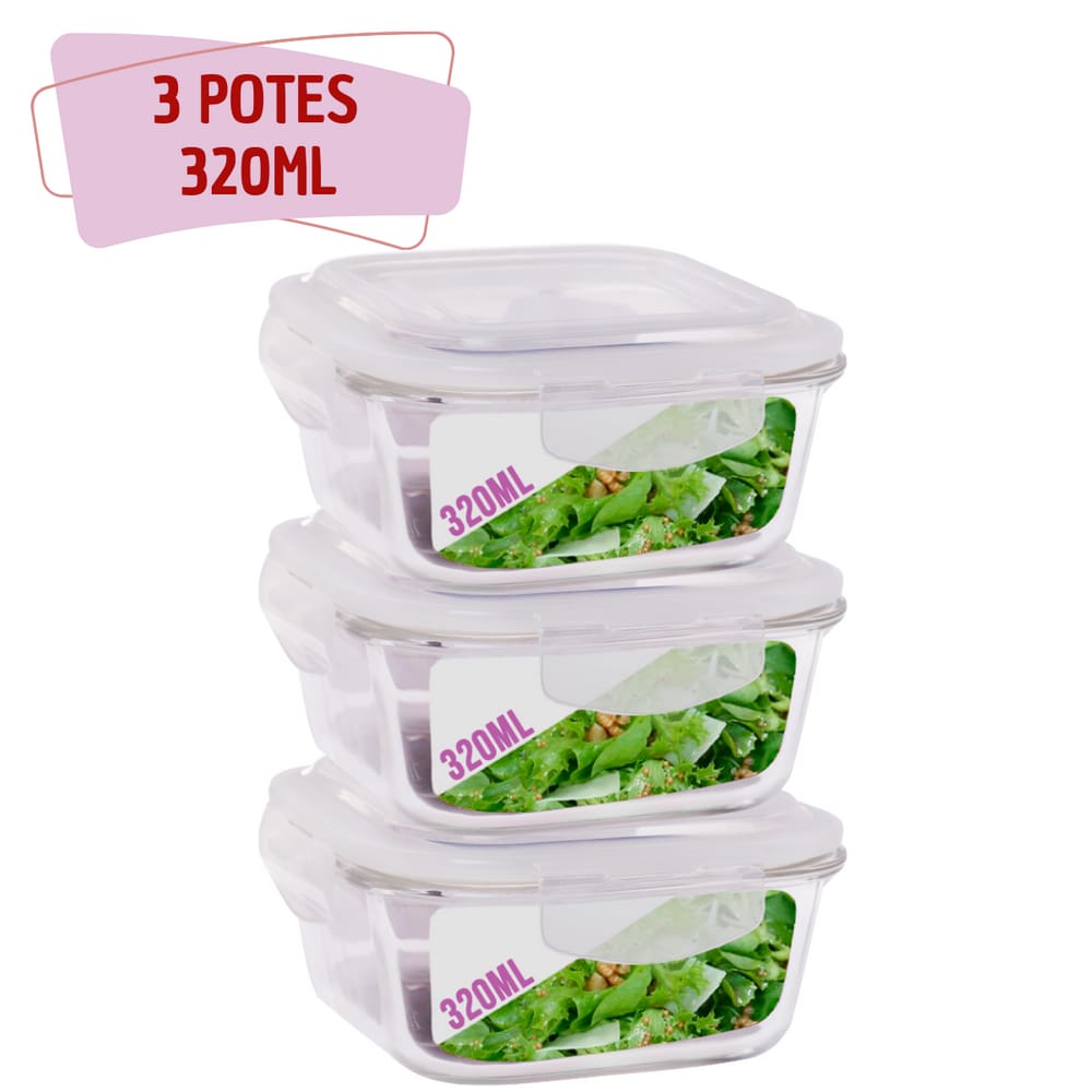 Kit 3 Potes Tampa Hermetica Quadrado de Vidro 320ml Alimento